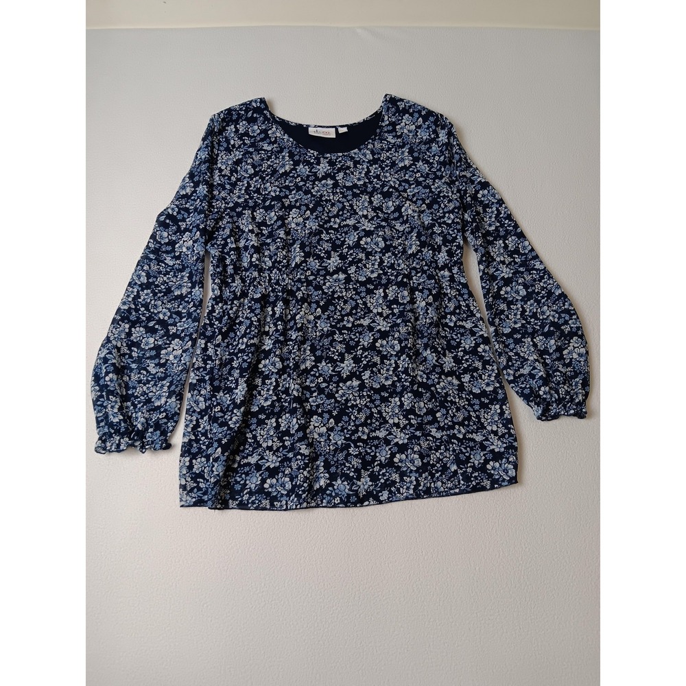 D&co. Denim & Company Blouse Womens M Blue Floral Ruffle Long Sleeve Tunic Top